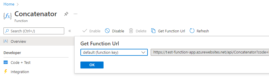 Azure 入口網站中 [取得功能 URL] 命令的螢幕快照。