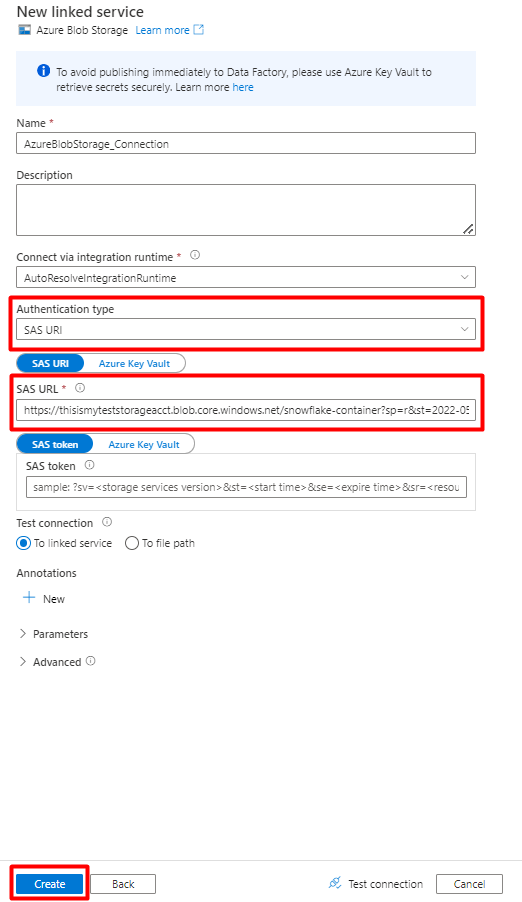 顯示如何在 Azure Data Factory 中填入新連結搜尋服務窗體的螢幕快照，其中包含要從 SnowFlake 匯入的屬性。