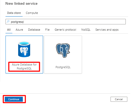 如何在 Azure Data Factory 中為鏈接服務選擇 PostgreSQL 資料存放區。