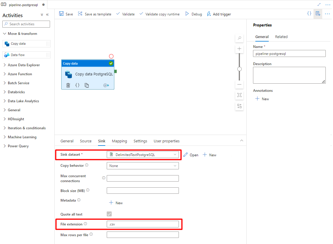 顯示如何將匯入端設定為將數據從 PostgreSQL 匯入 Azure 儲存體 Blob 的螢幕快照。
